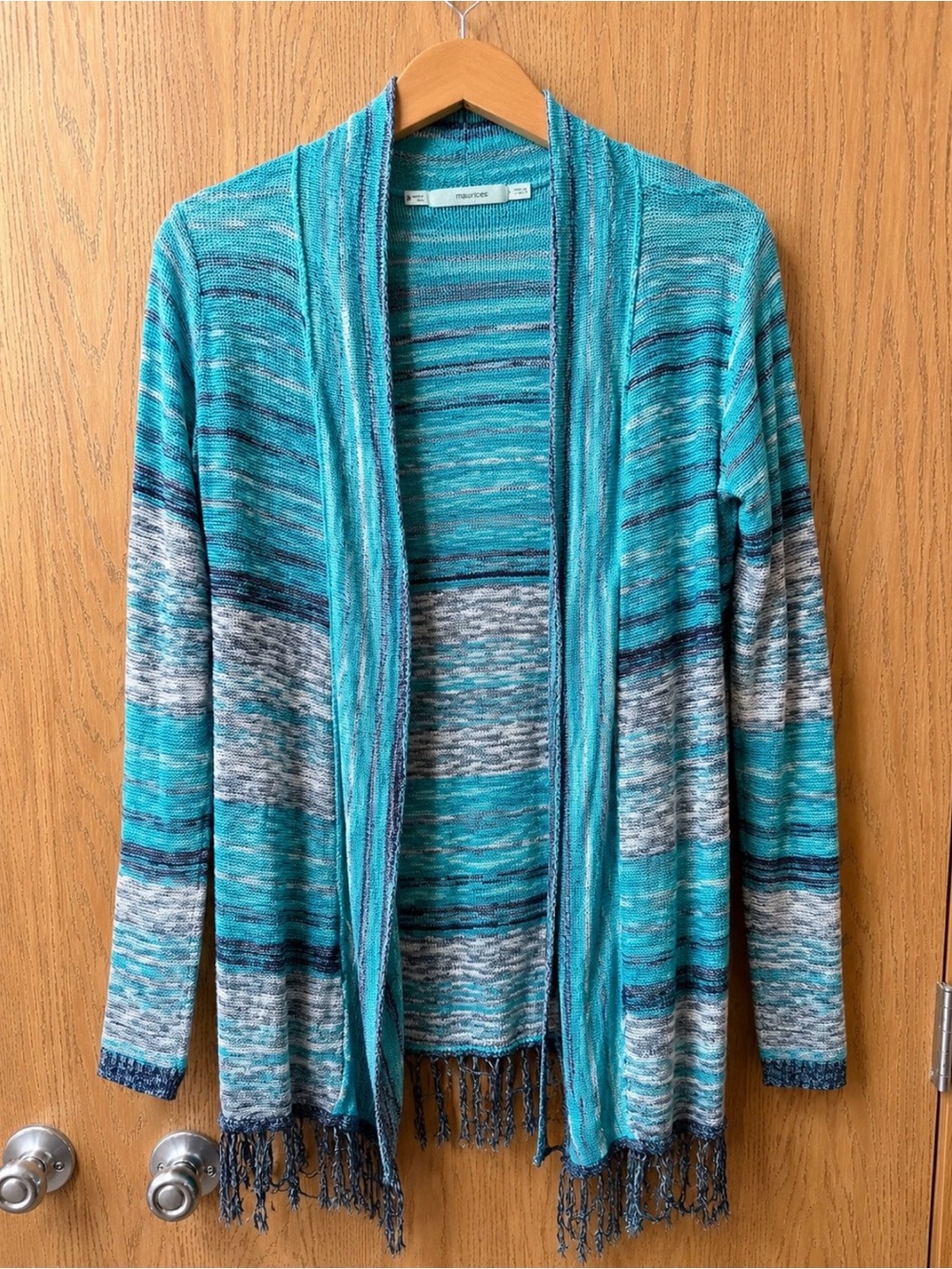 Maurices Teal Space Dye Fringe Open Front Cardigan Sweater Size Medium